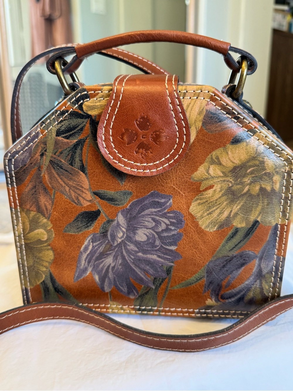 Patricia Nash Glazed Leather Hand Painted Floral Top-Handle Crossbody Bag
